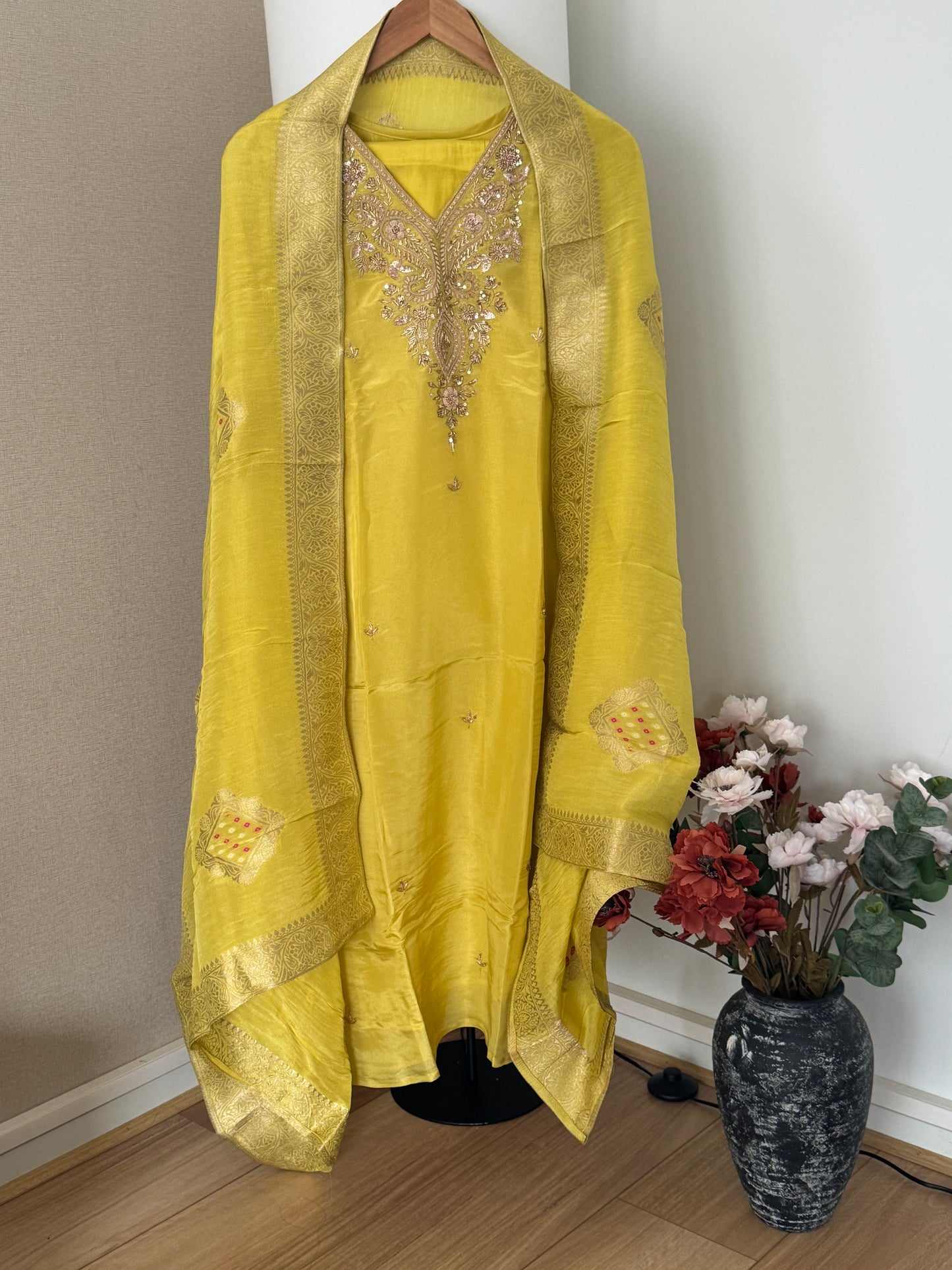 Yellow Tissue Handwork Suit