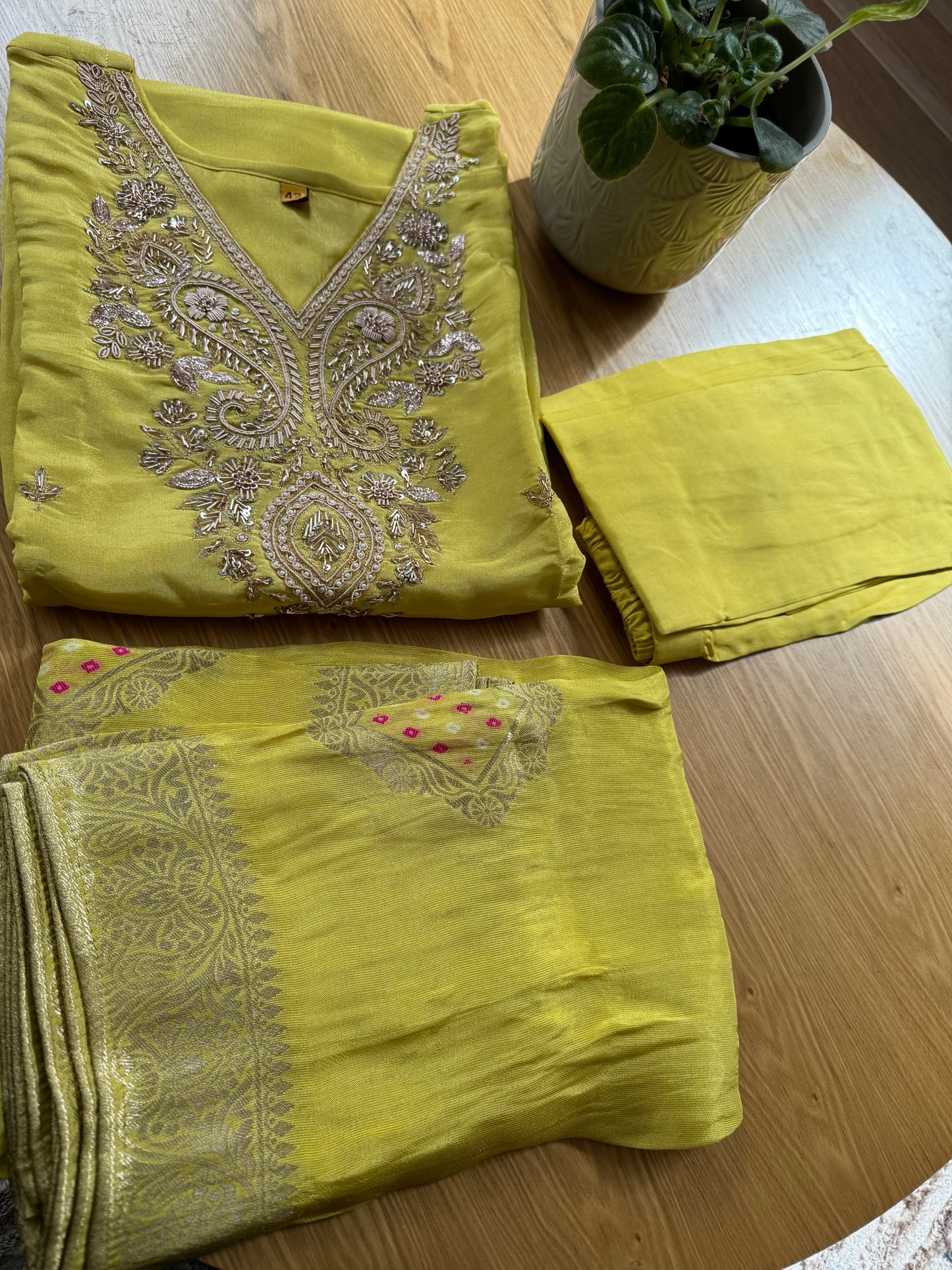 Yellow Tissue Handwork Suit