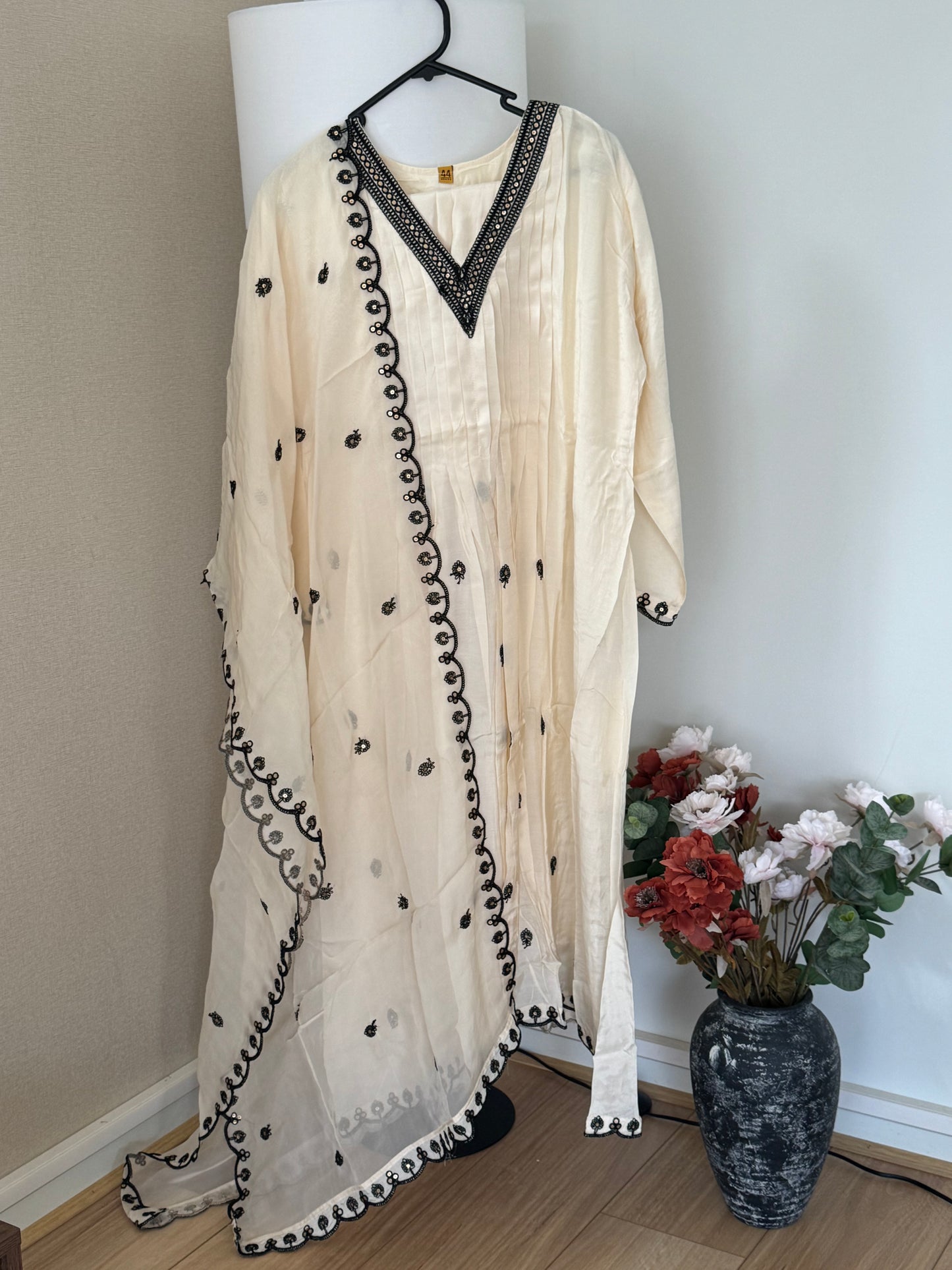 Off White and Black Muslin A-line Outfit